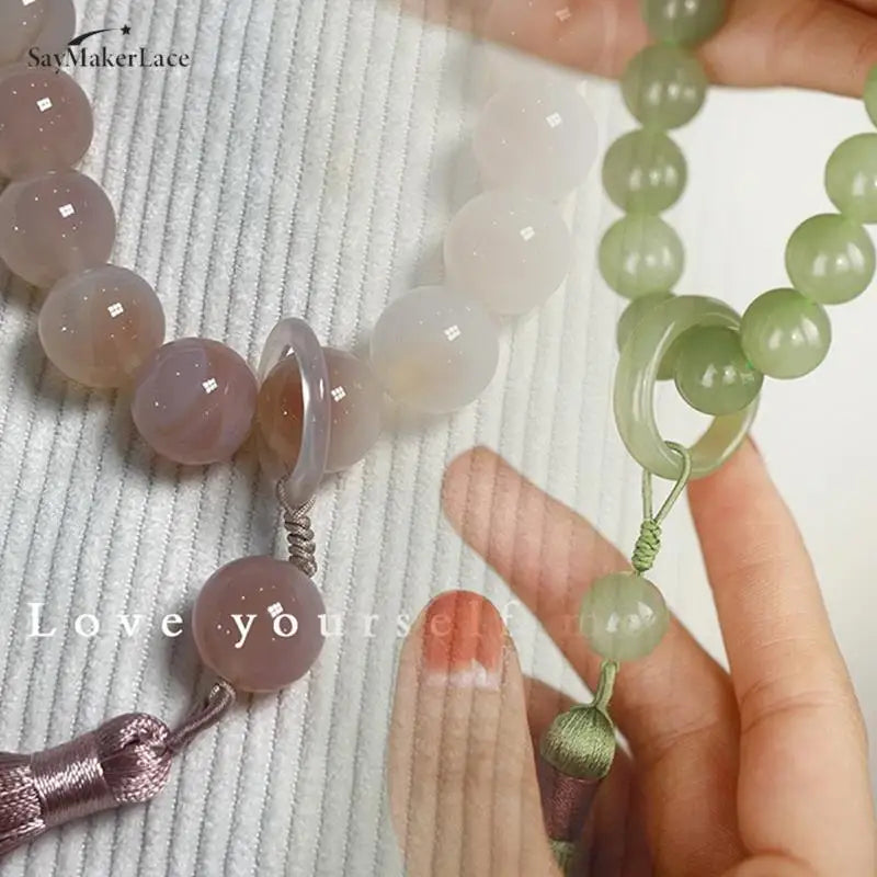 1pcs Green Jade Stone 12mm Beads Tassel Bracelet Necklace Tibetan Buddhist Buddha Charm Rosary Yoga Men Woman Jewelry