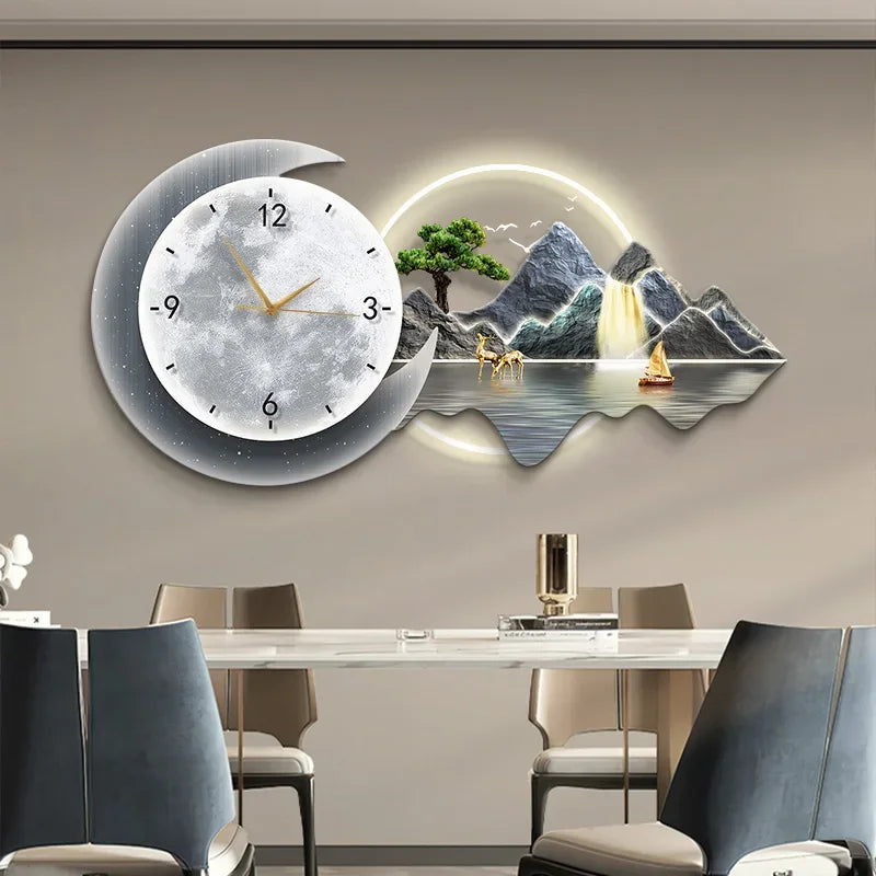 Restaurant Decoration Painting Clock Silent Luxury High Grade Luminous Landscape Mural