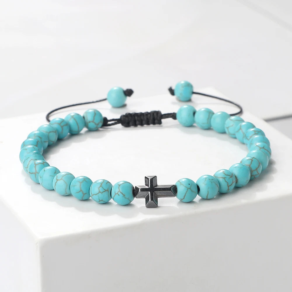 Prayer Men Handmade Woven Bracelet 6mm Natural Tiger Eye Stone Bangle with Hematite Cross Yoga Rosary Jewelry Homme Pulsera Gift