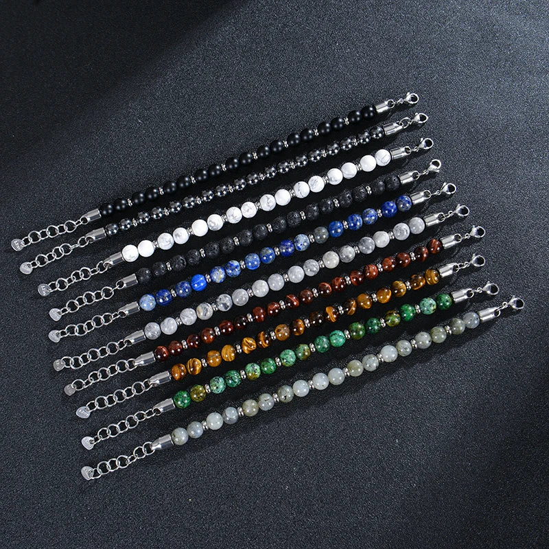 8mm Natural Stone Lapis Lazuli Beaded Bracelet Adjustable Stainless Steel Chain Bracelet for Men Women Handmade Jewelry Gifts