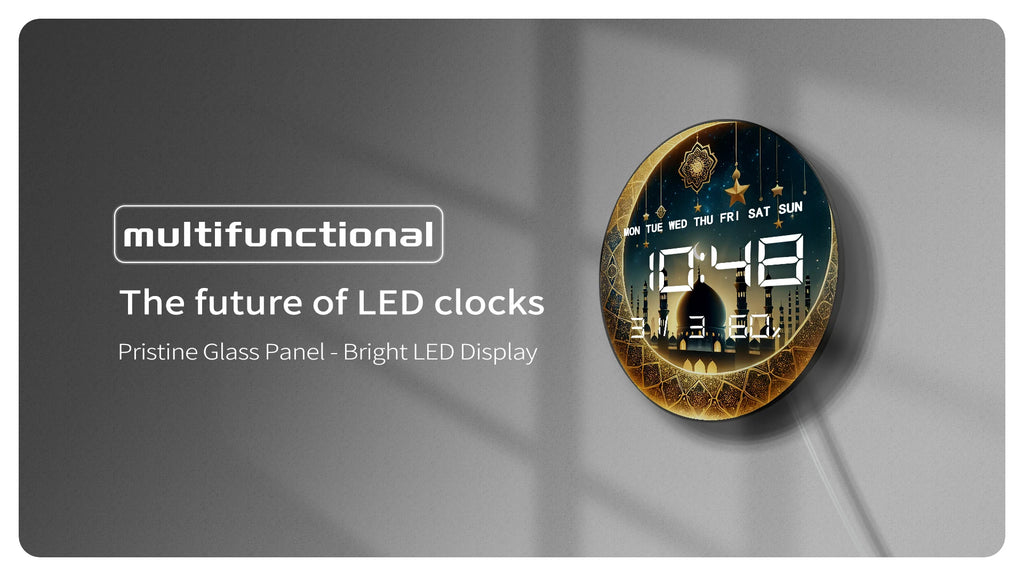 Gold Crescent Moon LED Digital Wall Clock with Timer Date Temperature Islamic Mosque Eid Mubarak Home Decor Electric Wall Clock