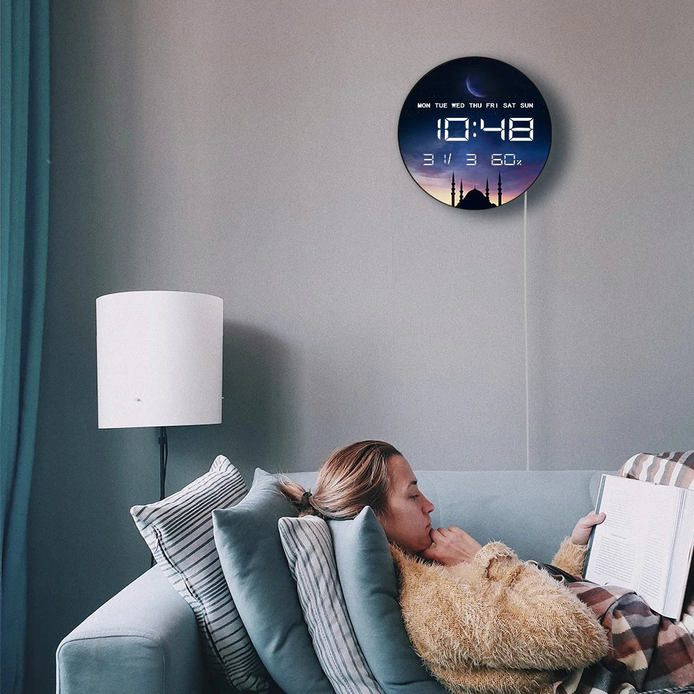 Islamic Eid Celebration Golden Crescent Moon LED Digital Wall Clock with Temperature Humidity Date Calendar Electric Wall Clock