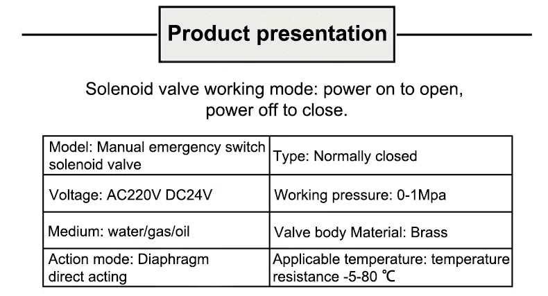 1/2" 3/4" 1" 1-1/4" 1-1/2" 2" Brass Electric Solenoid Valve With Manual Emergency Switch AC220V DC24V For Water Oil Air