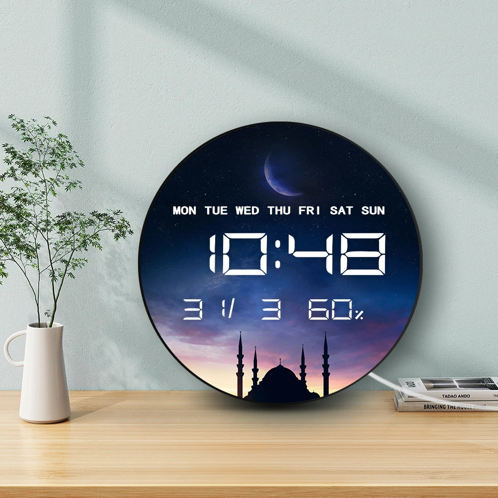Islamic Eid Celebration Golden Crescent Moon LED Digital Wall Clock with Temperature Humidity Date Calendar Electric Wall Clock