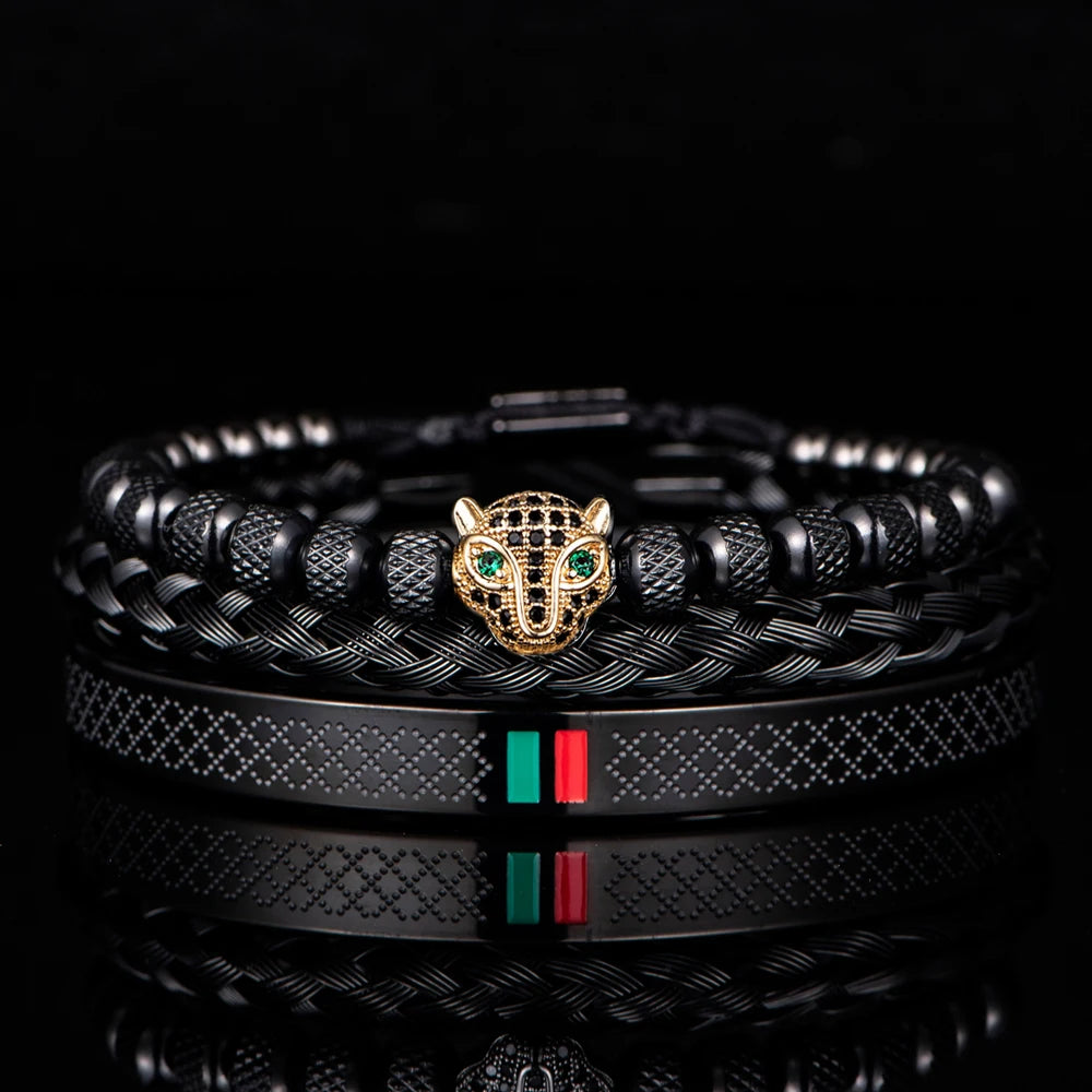 Luxury Handmade Braiding Bracelet  Men Pave CZ Leopard Head Enamel Green Red Bracelet Stainless Steel Jewelry Dropshipping
