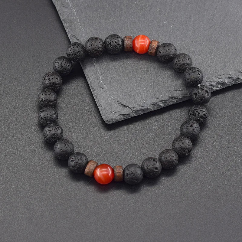 Natural Stone Red Stripe Agate Beads Bracelet Women Men Genuine Red Carnelian Round Bangle Natural Volcanic Stone Bracelet Gift