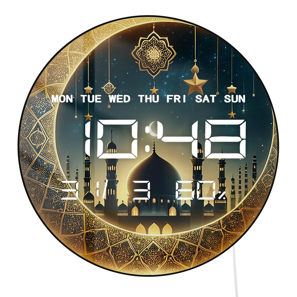 Gold Crescent Moon LED Digital Wall Clock with Timer Date Temperature Islamic Mosque Eid Mubarak Home Decor Electric Wall Clock