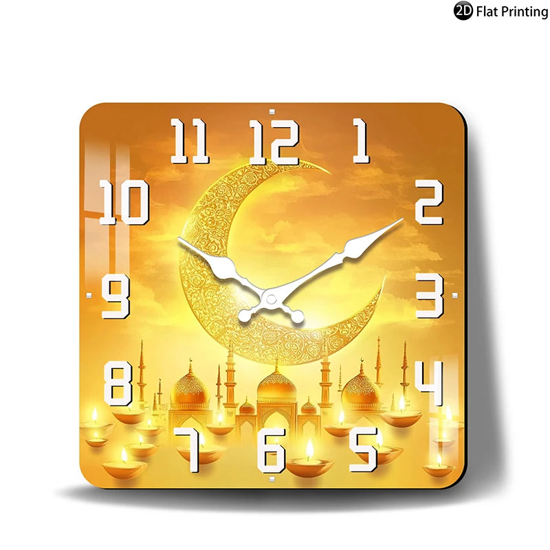 Wall Clock Islamic-themed crescent moon minarets Quartz Square Analog Bedroom Bathroom Christmas Halloween Birthdays Gift