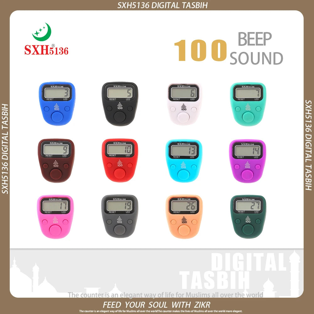 SXH5136 New Model LCD Finger Ring Tally Counter with 100 Beep Sound & LED Light Pray Tasbeeh Zikr Ring Muslim Digital Tasbih