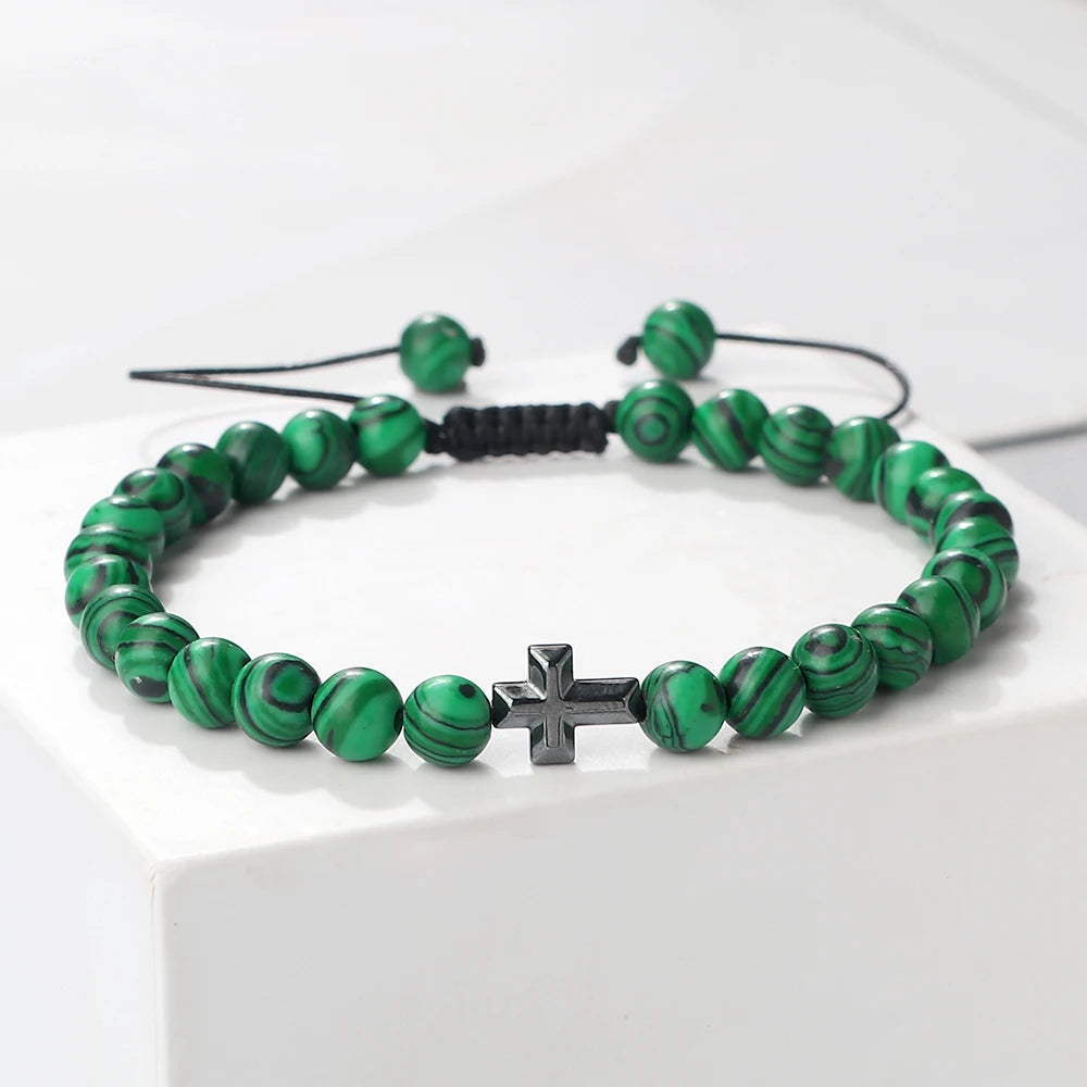 Prayer Men Handmade Woven Bracelet 6mm Natural Tiger Eye Stone Bangle with Hematite Cross Yoga Rosary Jewelry Homme Pulsera Gift