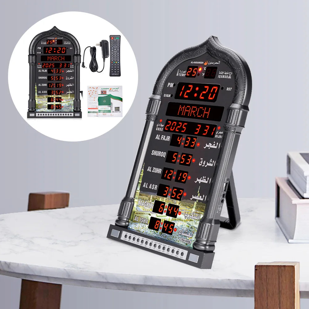 12V USEU Azan Mosque Calendar Muslim Prayer Black Wall Clock Islamic Mosque Azan Calendar Ramadan Home Decor with Remote Control