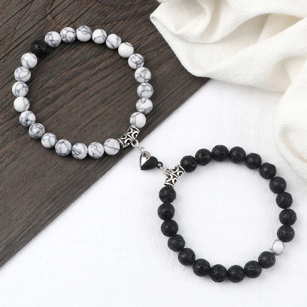 2Pcs/Set Sliver Black Color Magnet Pendant Bracelets 6MM 8MM White Porcelain Black Line Beads Couple Bracelet Jewelry Gift New