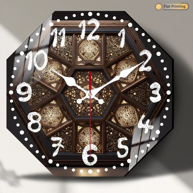 1pc Elegant Vivid Intricate Octagon Arabic Inspired Wooden Wall Clock for Bedroom Dining Room - Valentine's Day Birthday Gifts