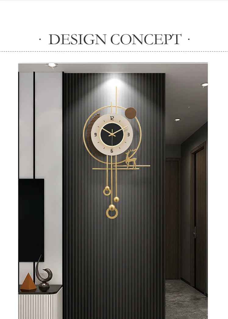 Modern minimalist TV background deer wall clock ,wooden grille decoration with lights hanging clock