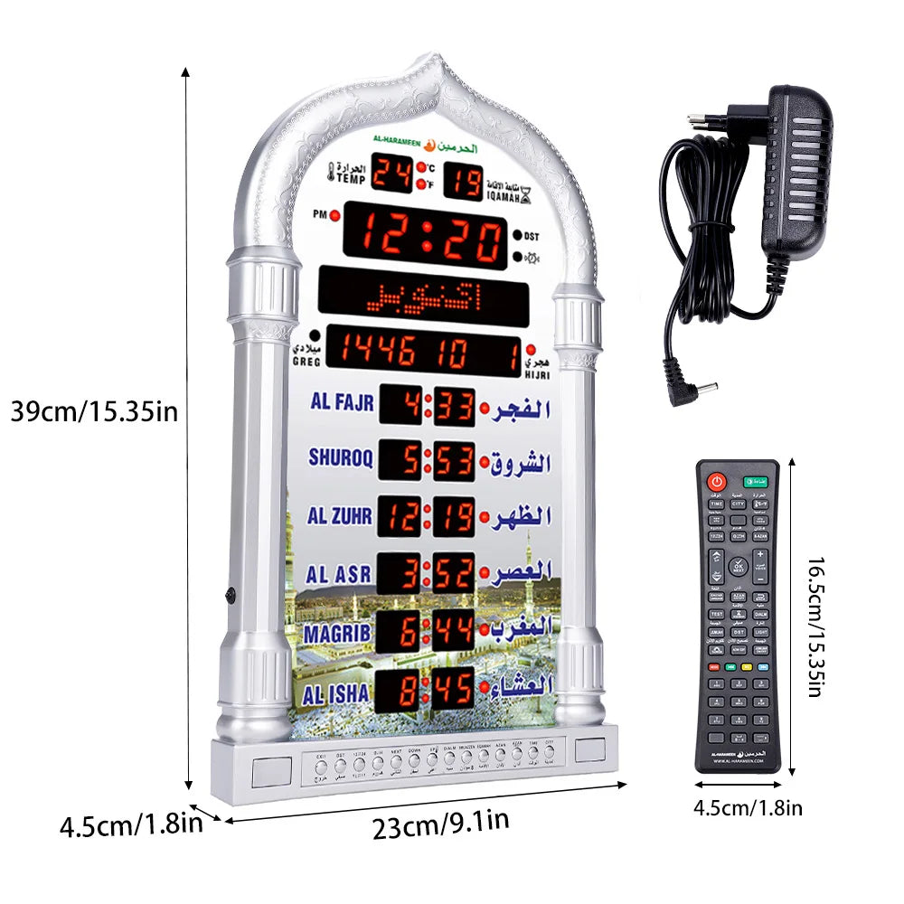12V Azan Mosque Prayer Clock Islamic Mosque Azan Calendar Muslim Prayer Wall Clock Alarm Ramadan Home Decor Remote Control
