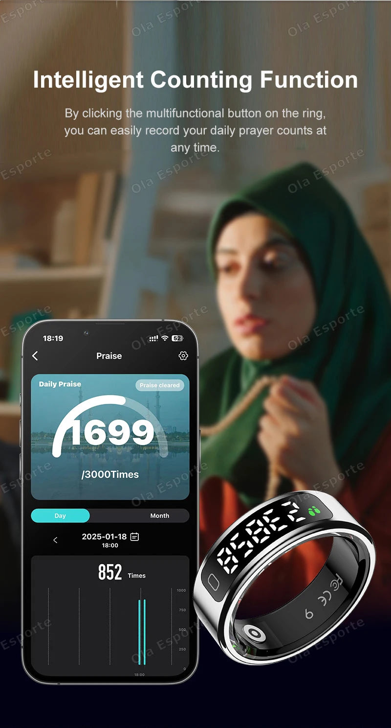 R11 Smart Ring with Display Screen and Touch, Zikr Tasbih Counter, With Charging Box, Health Manager,5ATM Waterproof For Android