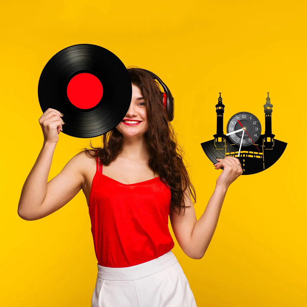 Famous City Mecca Wall Sign Vinyl Record Wall Clock Islamic Vintage Wall Clock Kaba Muslim Architecture Home Decor Clock Gift