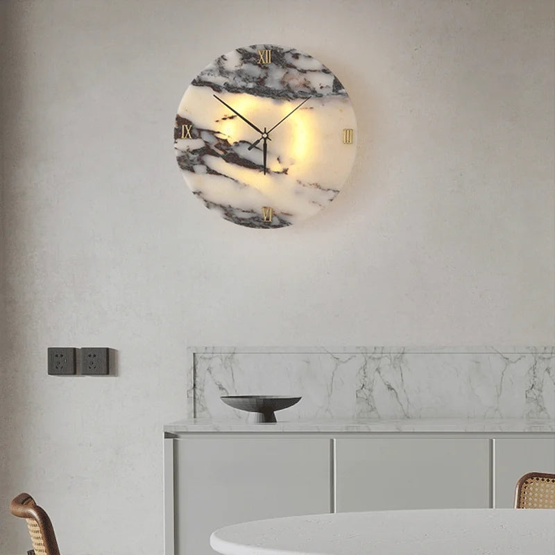 Round Luxury Clock function Natural Stone Alabaster Wall Lamp Living Room Marble Sconce Decor Atmosphere LED High-end LED Light