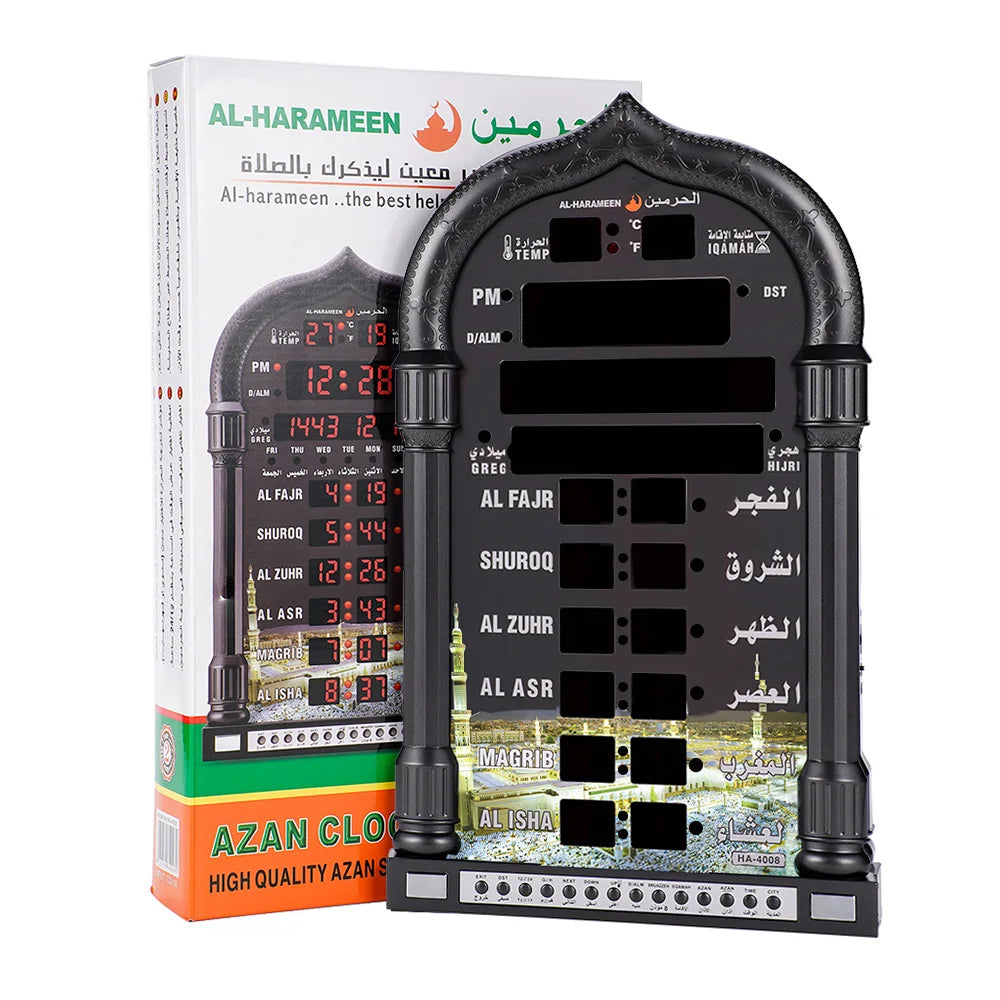 12V USEU Azan Mosque Calendar Muslim Prayer Black Wall Clock Islamic Mosque Azan Calendar Ramadan Home Decor with Remote Control