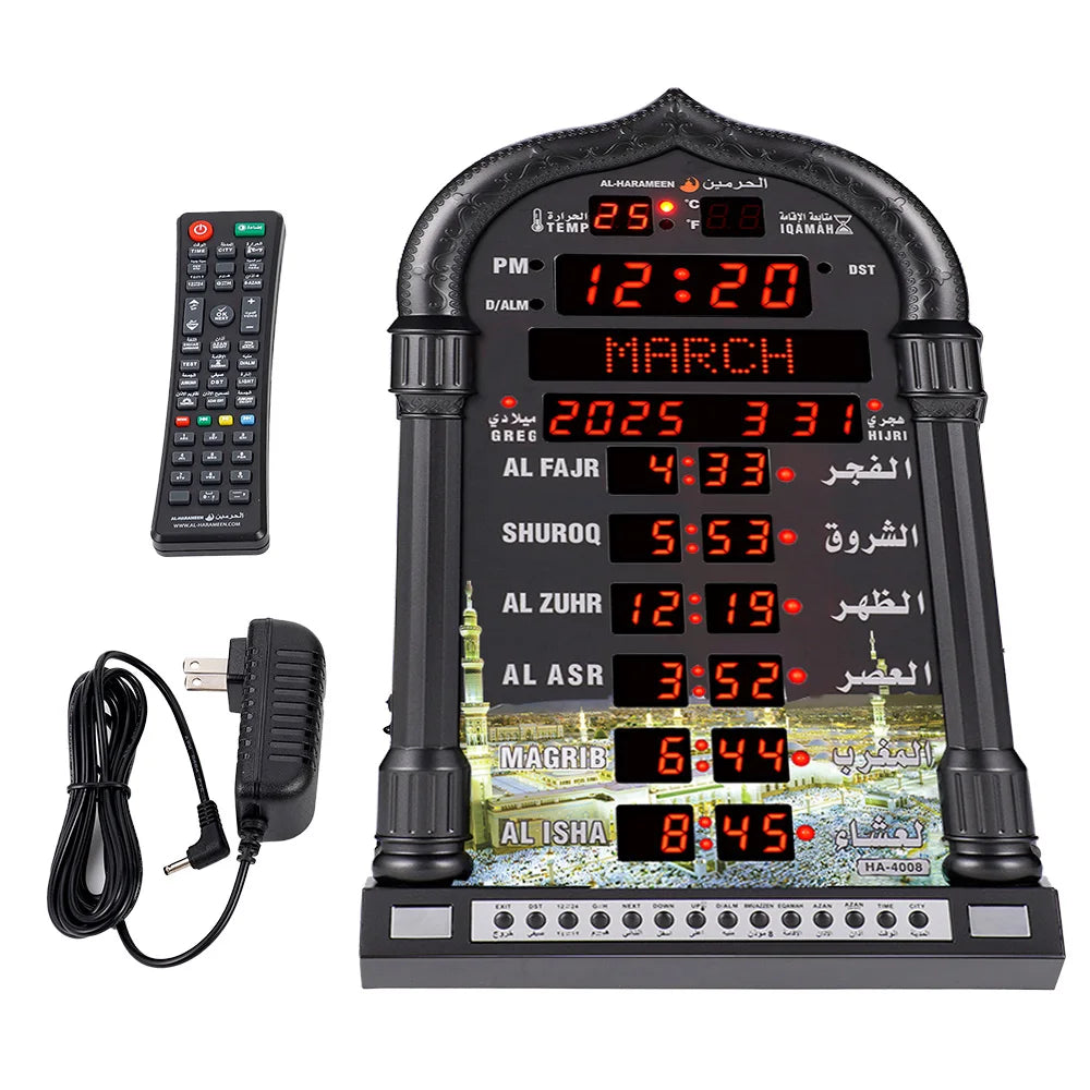 12V USEU Azan Mosque Calendar Muslim Prayer Black Wall Clock Islamic Mosque Azan Calendar Ramadan Home Decor with Remote Control