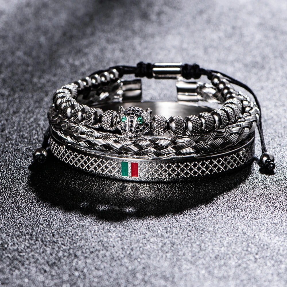 Luxury Handmade Braiding Bracelet  Men Pave CZ Leopard Head Enamel Green Red Bracelet Stainless Steel Jewelry Dropshipping