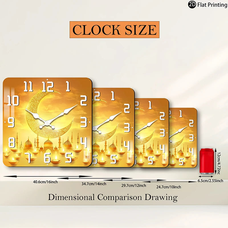 Wall Clock Islamic-themed crescent moon minarets Quartz Square Analog Bedroom Bathroom Christmas Halloween Birthdays Gift