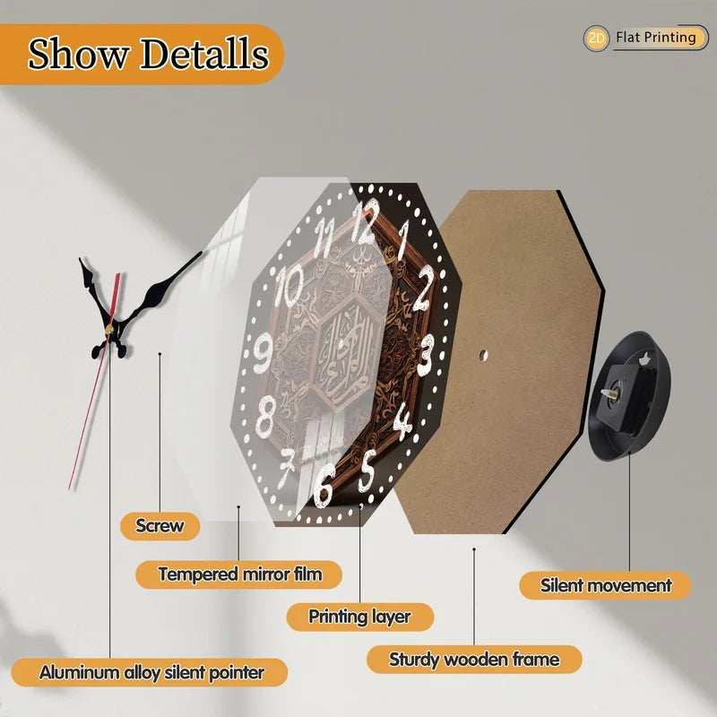 Attractive Ornate Islamic Calligraphy Octagon Wooden Wall Clock for Home Office - Holiday Birthday Gifts