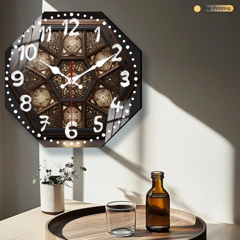 1pc Elegant Vivid Intricate Octagon Arabic Inspired Wooden Wall Clock for Bedroom Dining Room - Valentine's Day Birthday Gifts
