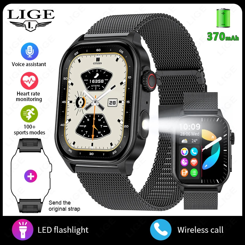 LIGE Smart Watch for Men Women LED Flashlight Full Touch Screen Sport Fitness Watches BT Call Digital Smartwatch Wristwatch New