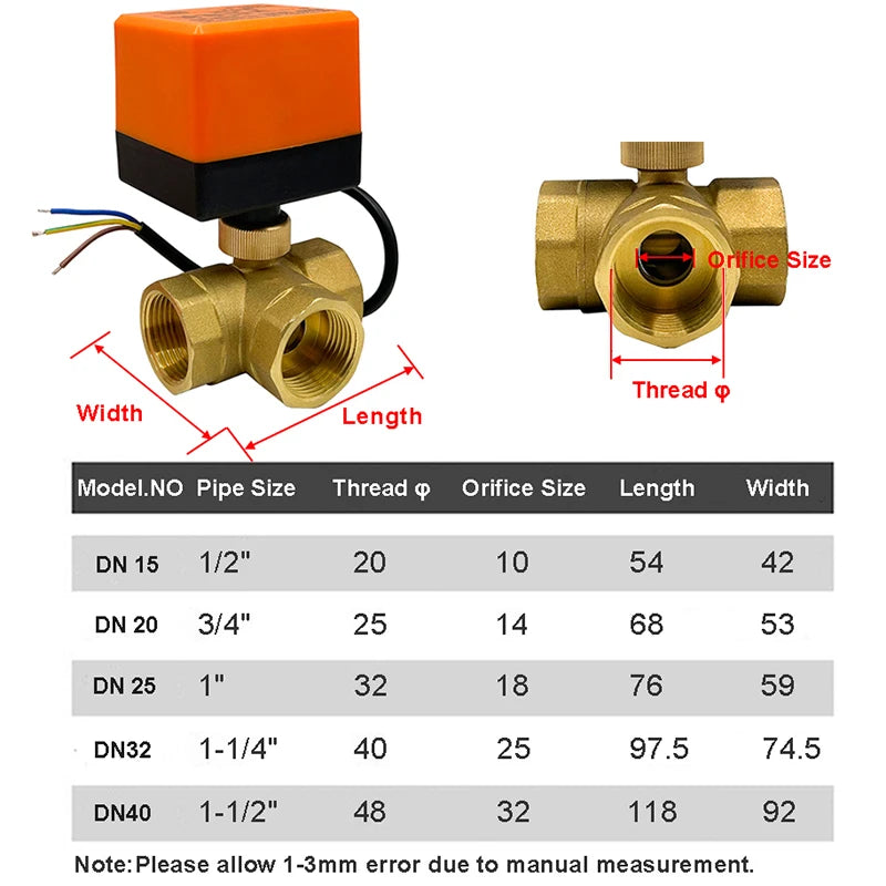 1/2" 3/4" 1" 1-1/4" 1-1/2" 3 Way Motorized Ball Valve T/L Type 220V 24V 12V 3 Wire 2 Control Electric Ball Valve