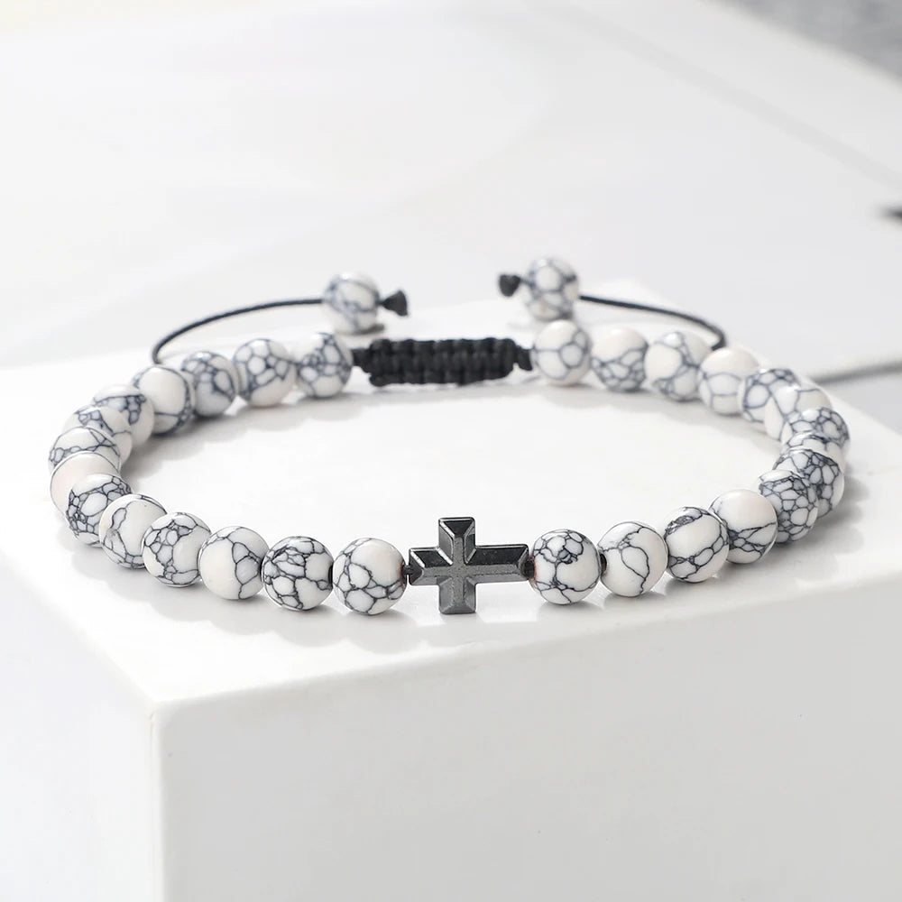 Prayer Men Handmade Woven Bracelet 6mm Natural Tiger Eye Stone Bangle with Hematite Cross Yoga Rosary Jewelry Homme Pulsera Gift