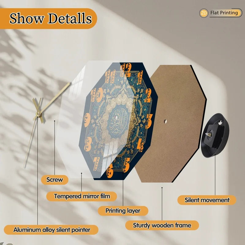 Distinctive Luxurious Arabic Calligraphy Octagonal Blue Wall Clock for Farmhouse and Bedroom - Romantic Valentine's Day Gift