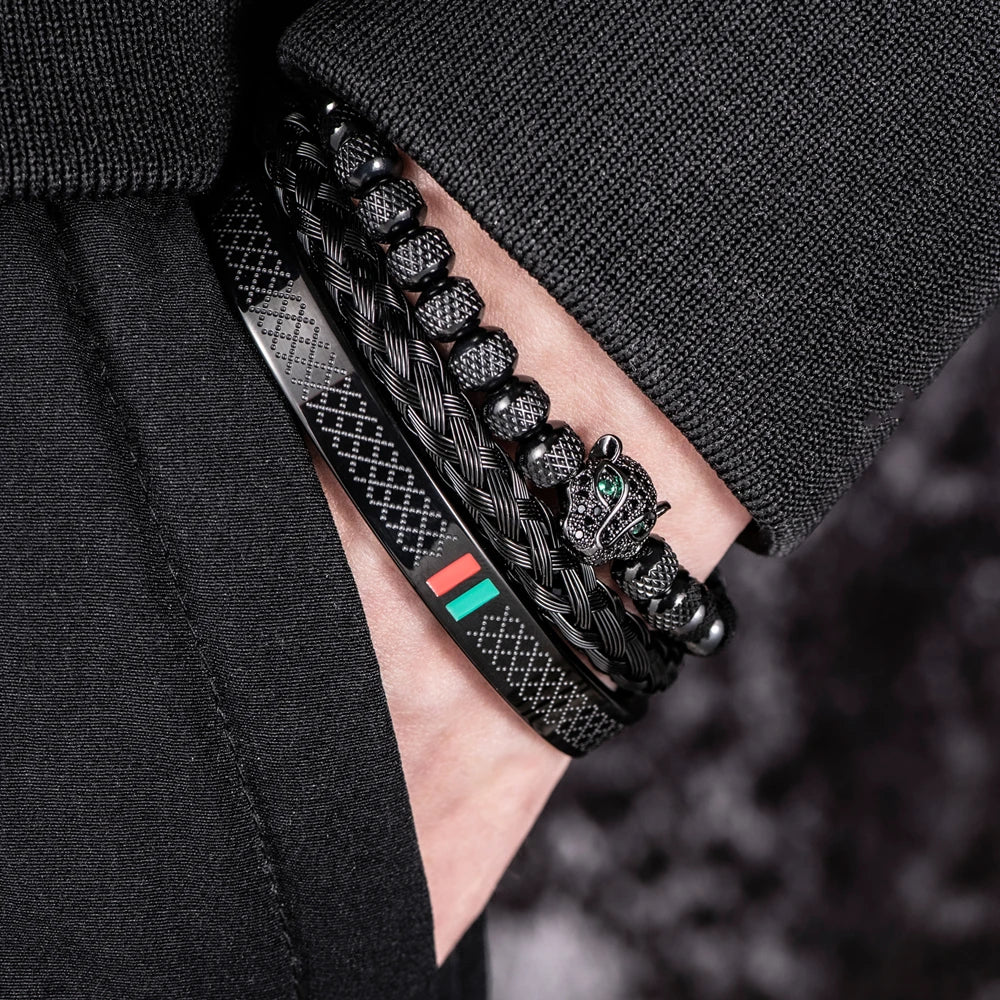 Luxury Handmade Braiding Bracelet  Men Pave CZ Leopard Head Enamel Green Red Bracelet Stainless Steel Jewelry Dropshipping