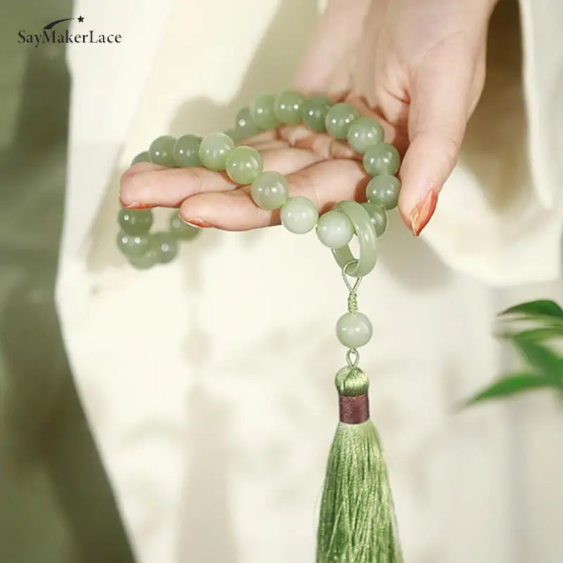 1pcs Green Jade Stone 12mm Beads Tassel Bracelet Necklace Tibetan Buddhist Buddha Charm Rosary Yoga Men Woman Jewelry