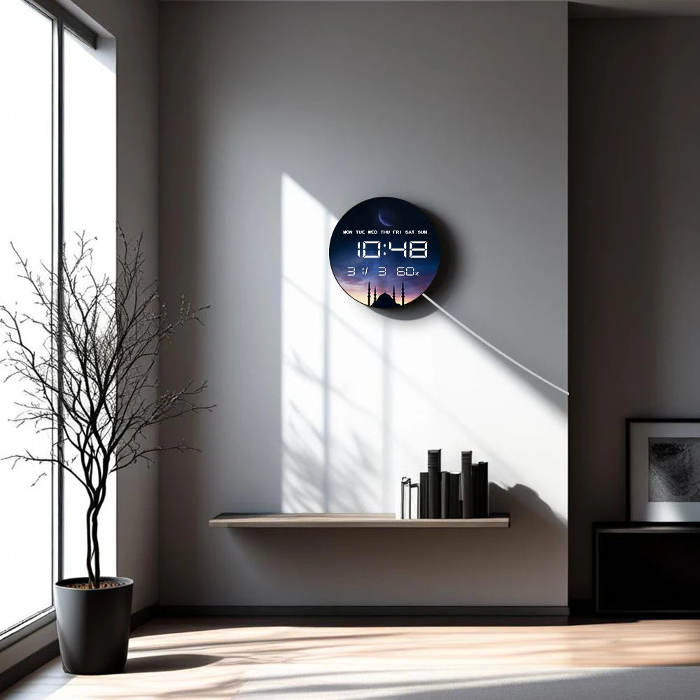 Islamic Eid Celebration Golden Crescent Moon LED Digital Wall Clock with Temperature Humidity Date Calendar Electric Wall Clock