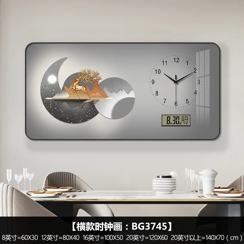 Nordic Light Luxury Clock Wall Clock Living Room and Restaurant Decoration Painting Light and Shadow Elk Perpetual Calendar