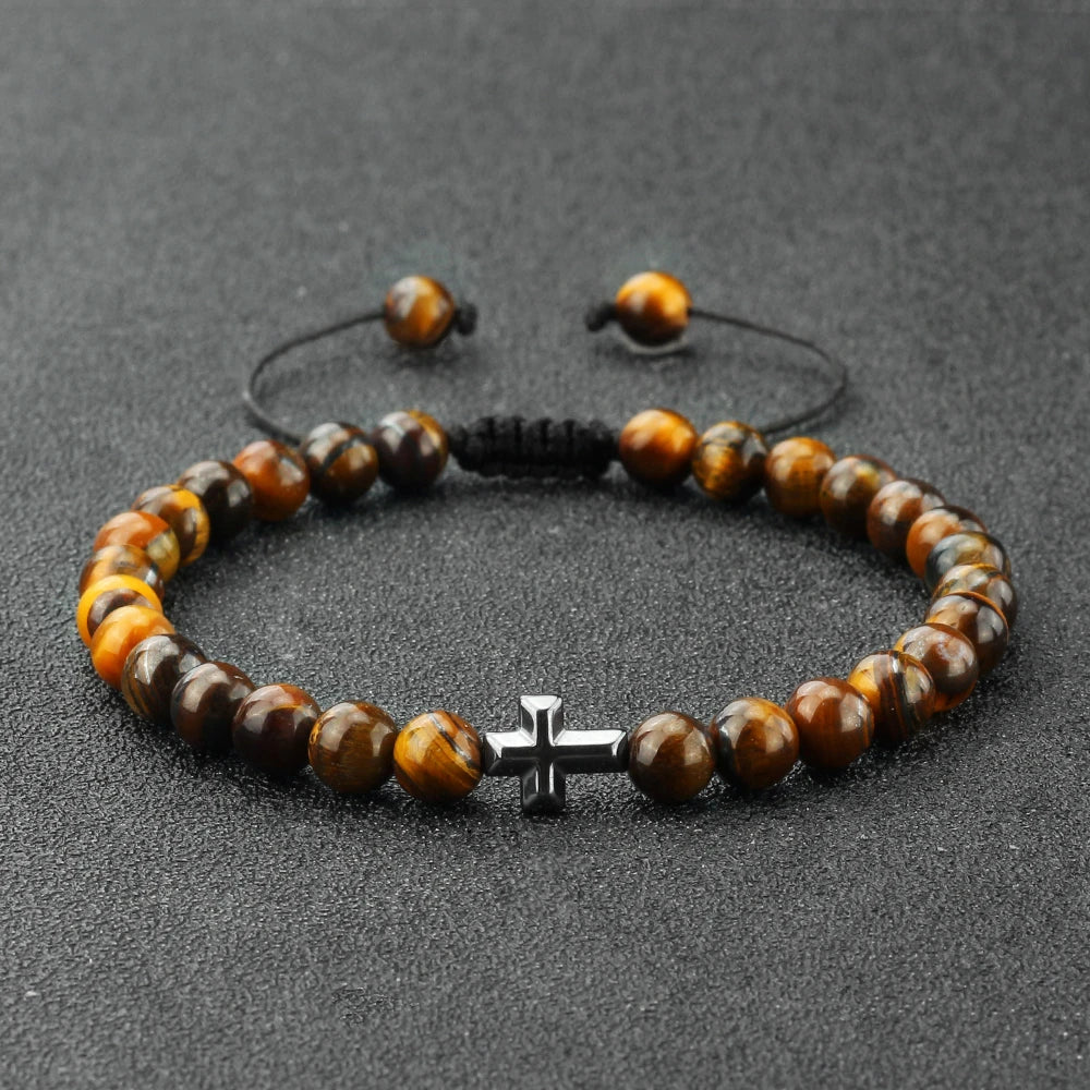 Prayer Men Handmade Woven Bracelet 6mm Natural Tiger Eye Stone Bangle with Hematite Cross Yoga Rosary Jewelry Homme Pulsera Gift