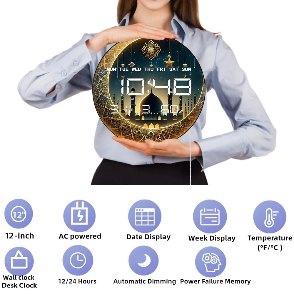 Gold Crescent Moon LED Digital Wall Clock with Timer Date Temperature Islamic Mosque Eid Mubarak Home Decor Electric Wall Clock
