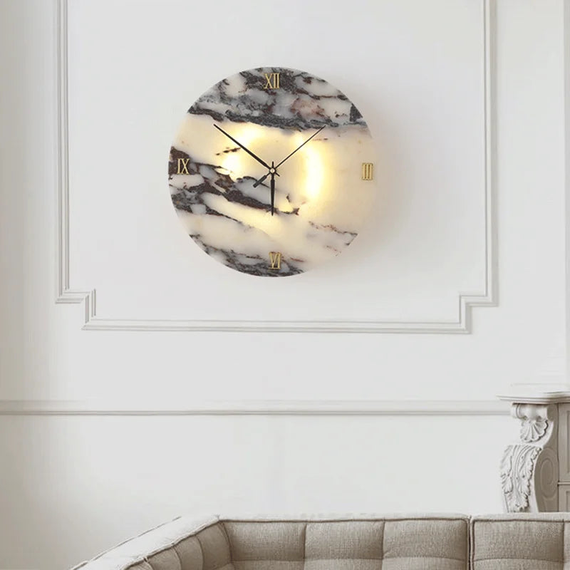 Round Luxury Clock function Natural Stone Alabaster Wall Lamp Living Room Marble Sconce Decor Atmosphere LED High-end LED Light
