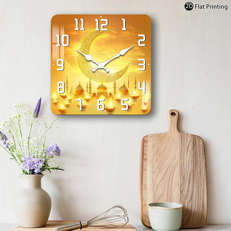 Wall Clock Islamic-themed crescent moon minarets Quartz Square Analog Bedroom Bathroom Christmas Halloween Birthdays Gift