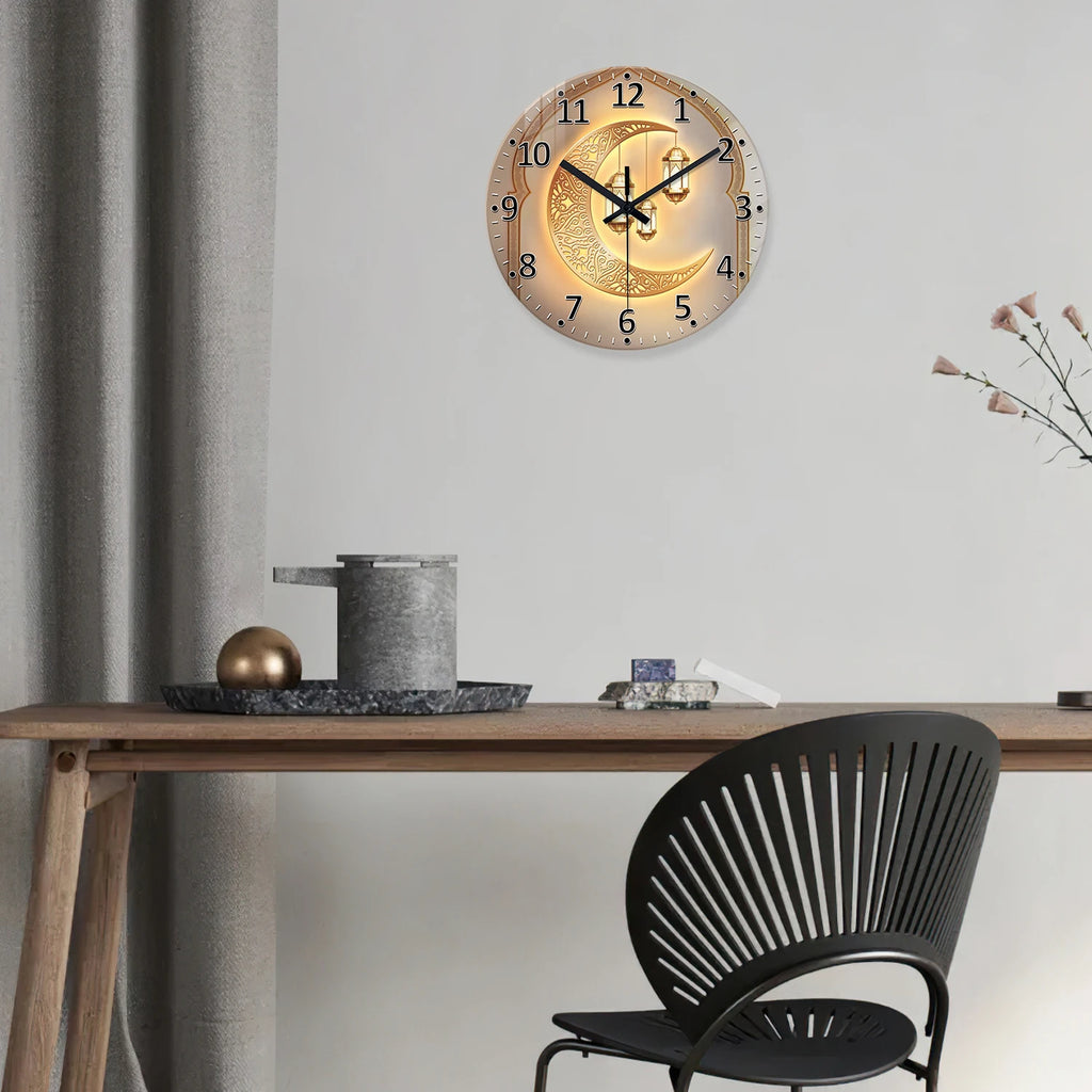 A Modern Accessible Luxury Golden Moon Lantern 4mm Thickeneded Tempered Glass Wall Clock Living Room Bedroom Kitchen Home Decoration Wall Clock Silent Quartz Clock Kaishi Gift 12 Inches 14 Inches 16inch (No Battery)