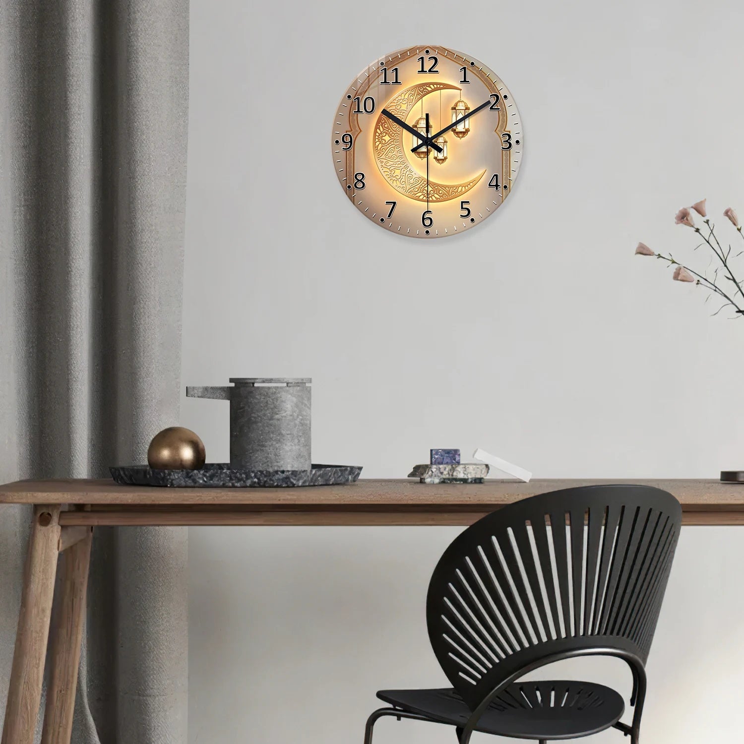 A Modern Accessible Luxury Golden Moon Lantern 4mm Thickeneded Tempered Glass Wall Clock Living Room Bedroom Kitchen Home Decoration Wall Clock Silent Quartz Clock Kaishi Gift 12 Inches 14 Inches 16inch (No Battery)