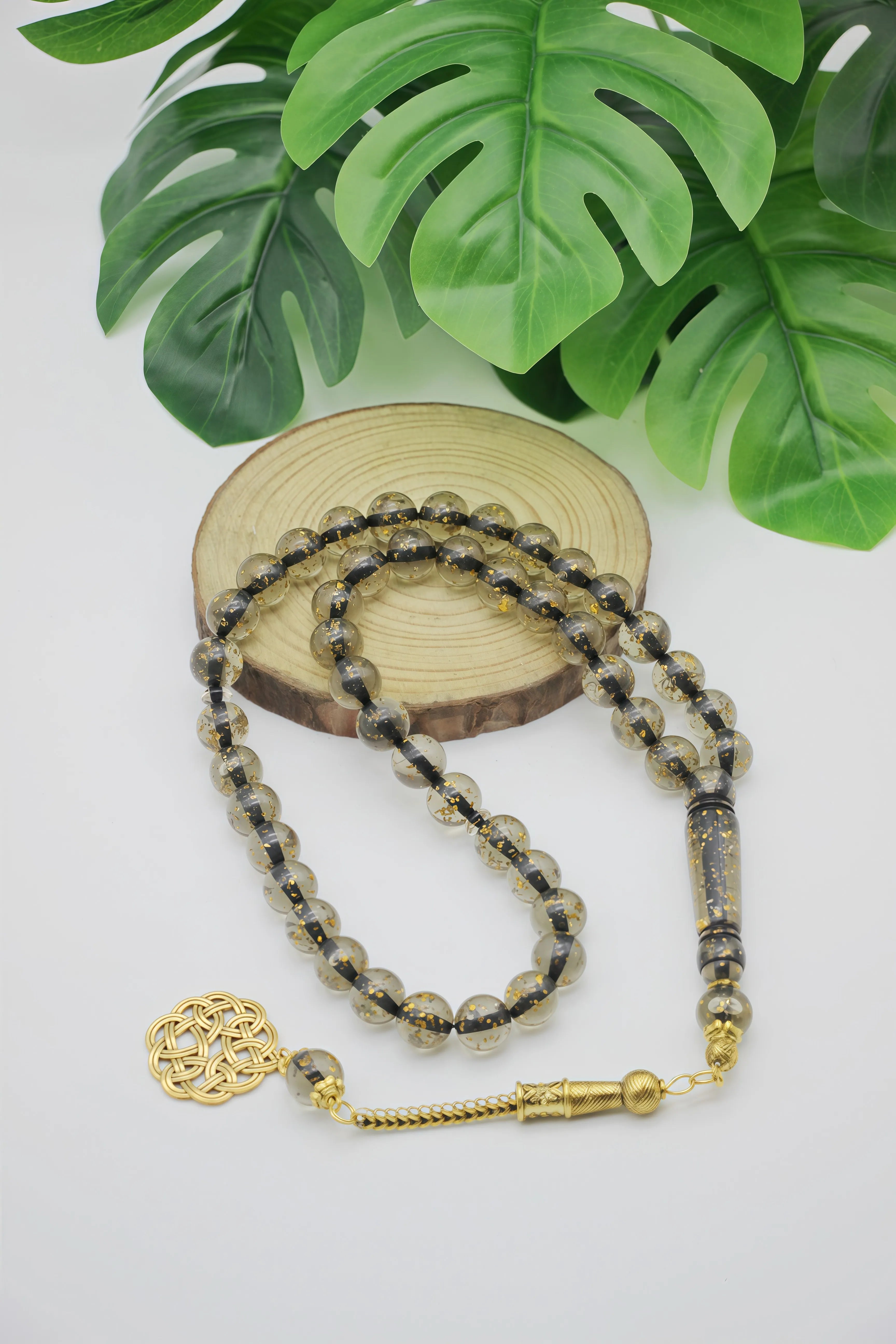 Islamic Tasbih Prayer Beads with Celtic Knot, Gold Foil in Cream/Blue/Black, Handmade Beads for Prayer & Ramadan Gift