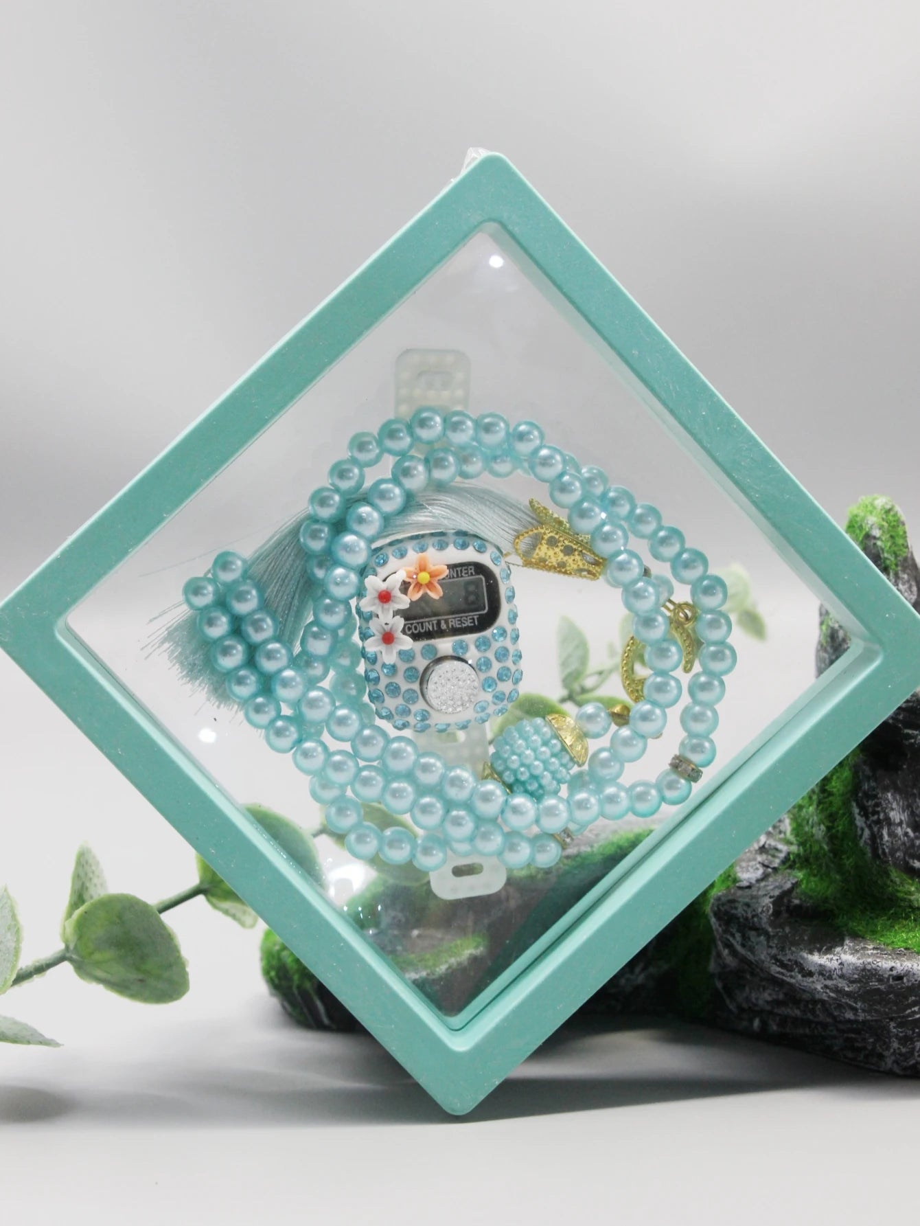 7 Colors Islamic Prayer Counter + 99 Beads Crystal Tasbih Set | Bow/Flower/Insect Random | Transparent Gift Box