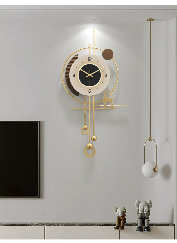 Modern minimalist TV background deer wall clock ,wooden grille decoration with lights hanging clock