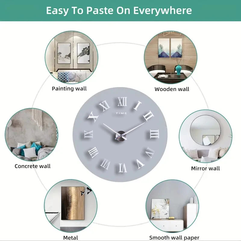 Roman numerals DIY wall clock 3D large wall decoration sticker frameless wall clock decoration living room