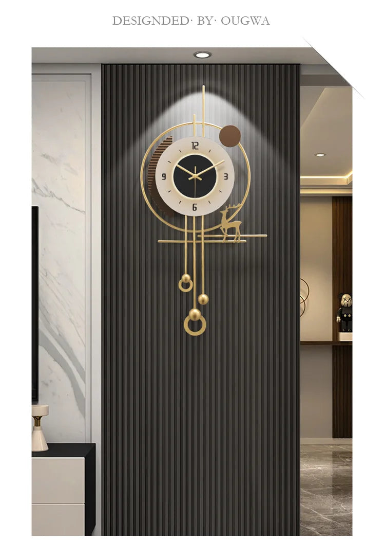 Modern minimalist TV background deer wall clock ,wooden grille decoration with lights hanging clock