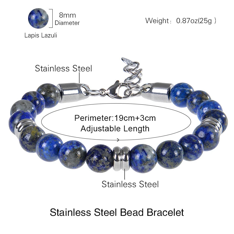 8mm Natural Stone Lapis Lazuli Beaded Bracelet Adjustable Stainless Steel Chain Bracelet for Men Women Handmade Jewelry Gifts