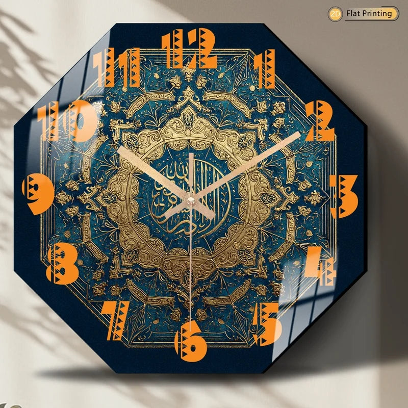 Distinctive Luxurious Arabic Calligraphy Octagonal Blue Wall Clock for Farmhouse and Bedroom - Romantic Valentine's Day Gift