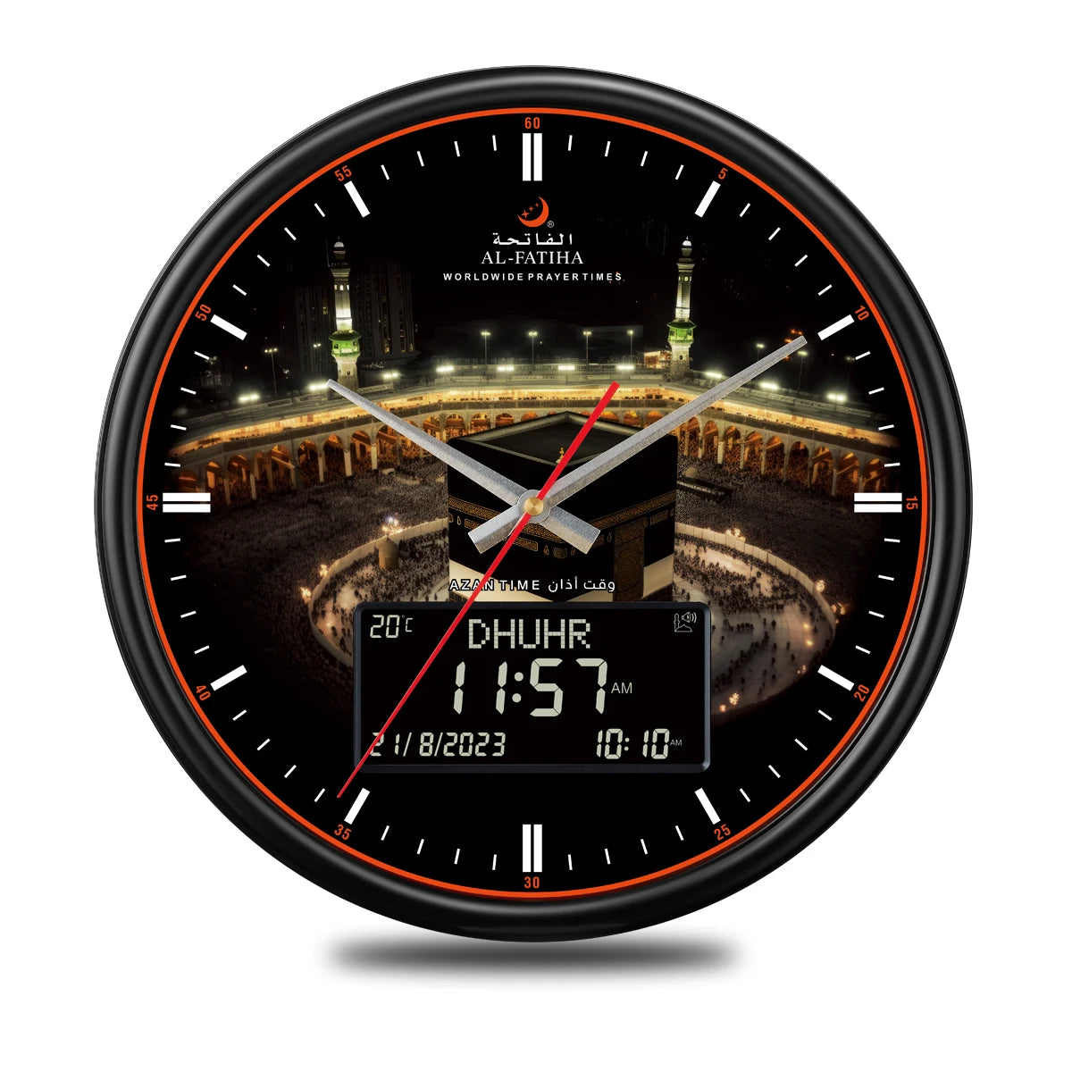 AL-FATIHA Digital-Analog Athan Muslim Clock with White Screen Clear Vision Hijri Calendar Azan Prayer Time Fajr Alarm Mosque